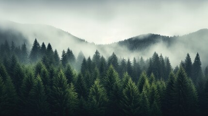 Wall Mural - A foggy forest filled with lots of pine trees. Generative AI.