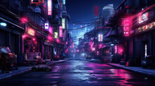 Dark Street In Cyberpunk City At Night, Buildings With Neon Lights