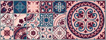 Mediterranean Tile Abstract Geometric Floral Patterns. Portuguese Culture, In Romantic Colors. Spanish Majolica Tile Pattern. Vector Illustration