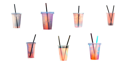 Sticker - Png Set Summer day with transparent background and a clear cup with black straws