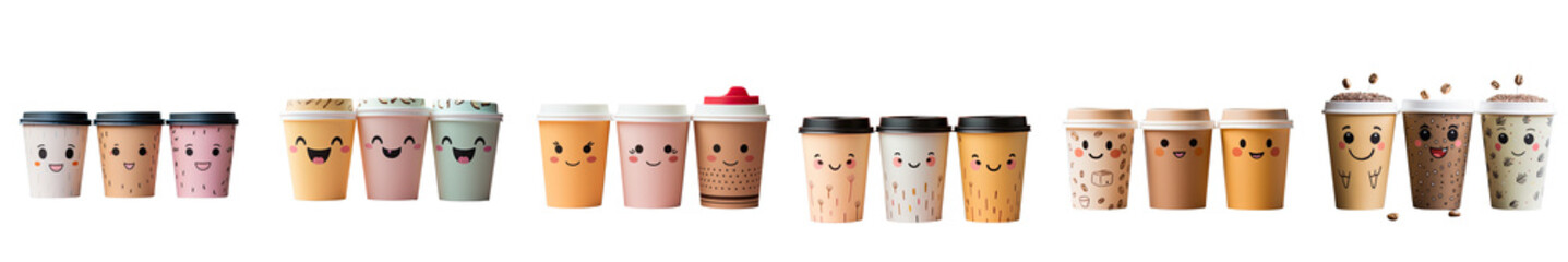 Poster - Png Set Three joyful coffee cups made of paper transparent background