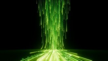 3d render, abstract wallpaper. Green neon lines over black background. Streaming energy. Particles falling down and leaving glowing tracks