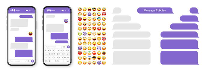 Smartphone messaging app, user interface design with emoji. SMS text frame. Chat screen with violet message bubbles. Texting app for communication. Social media application. Vector illustration