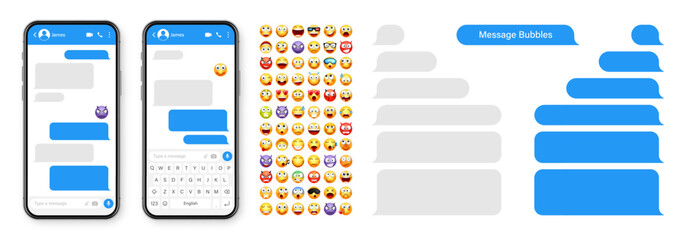Smartphone messaging app, user interface design with emoji. SMS text frame. Chat screen with blue message bubbles. Texting app for communication. Social media application. Vector illustration