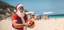 Santa Claus Playing Beach Volleyball With Locals On A Sunny Day, Copy Space 