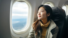 Asian Young Woman Traveler Sitting Near Windows And Looking Out The Window On Airplane During Flight. Alone Travelling Concept