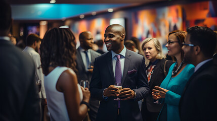 Wall Mural - happy businessman laughing while holding drink glass during networking event at convention center, s