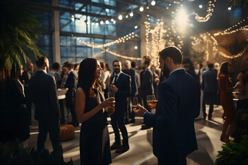 Wall Mural - happy businesswoman laughing while holding drink glass during networking event at convention center,