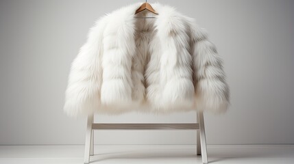 An image of a fur coat gracefully hanging on a white coat hanger.