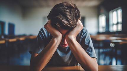 Bullying at high school concept. Upset bullied teen boy suffering sitting against the blurred classroom. Hands holding his head, hiding his face and crying. 