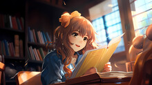 Anime Female Student Reading A Book At The Libreary