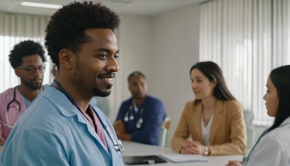 Wall Mural - Discussion among a diverse and multiethnic group of doctors about medical treatment and diagnosis