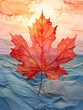 Abstract Acrylic Painting of a Maple Leaf over the Horizon with Sunrise and Sea Waves, fall foliage, 3D digital illustration in vibrant colors, generative AI