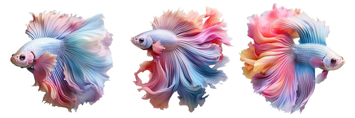 Wall Mural - Png Set Siamese fighting fish with vibrant colors and distinctive features on a transparent background