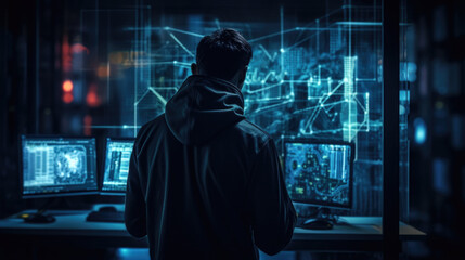 Wall Mural - Equipped with an array of advanced hacking tools, a corporate saboteur remotely gains access to a rival corporations central server, siphoning off topsecret research data while leaving