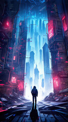 Wall Mural - At the heart of a sprawling metropolis, a figure clad in a hightech exosuit scales a towering skyser, seamlessly bypassing laser security systems and leaving no trace of their presence.