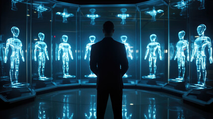 Wall Mural - wearing a sleek, formfitting suit, a posthumanist undergoes a fullbody scan, their every cell being 