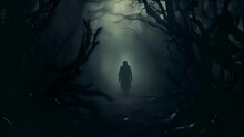 An Eerie Misty Forest With A Silhouetted Figure With Hollowedout Eyes Staring Out Of The Darkness..