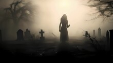 A Black And White Silhouette Of A Woman Standing In A Graveyard In The Fog Standing Over A Freshly Dug Up Grave..