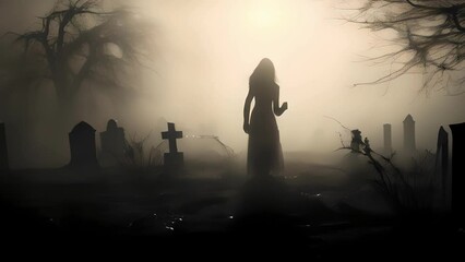 Wall Mural - A black and white silhouette of a woman standing in a graveyard in the fog standing over a freshly dug up grave..