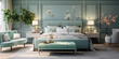 French country style style interior design of modern bedroom with mint color wall.