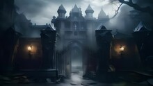 A crumbling castle shrouded in a dark fog the entrance sealed with an iron gate..