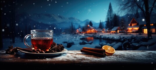 Banner with aromatic hot mulled wine in glass cap with spices and citrus fruit on a table. Snow and lights. Concept of festive atmosphere and cozy winter mood. Traditional hot Christmas drink