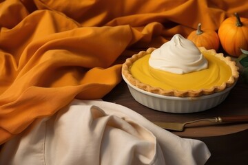 Wall Mural - Homemade pumpkin pie with cinnamon and  decorated with whipped cream on wood rustic background.  Classic autumn Thanksgiving pastry tart. Organic dessert ready to eat