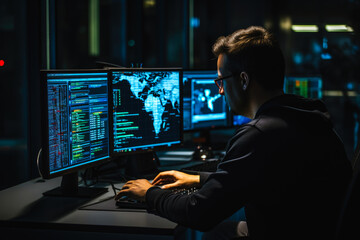 Cyber security specialist using computer, preventing hacker attack, online protection, digital security expert, firewall, hacker. Dark background with bright colorful monitors