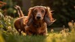 playful dachshund dog on the lawn, grass, field