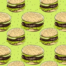 Vintage Burger Seamless Food Pattern On Light Green Background, Retro Vintage Style Pattern Design, For Web Banner Backgrounds, And Food Packing Paper Print.