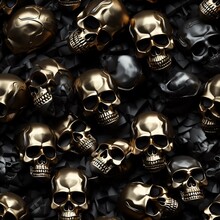 3d Metallic Skulls Seamless Wallpaper, Dark Scary Gothic Halloween Pattern Background, Idea Of Fabric Print, Packing Paper Patterns.