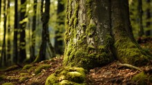 Nature's Tapestry: The Intricate Dance Of Moss And Bark On An Ancient Tree Trunk