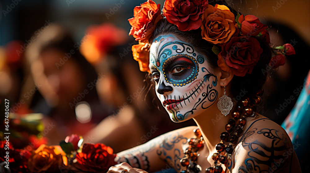 Beautiful Catrina, with a crown of cempasuchil flowers on her head ...