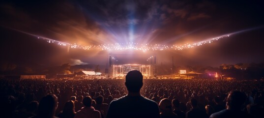 Sticker - Back view crowd at night concert. Generative AI technology.