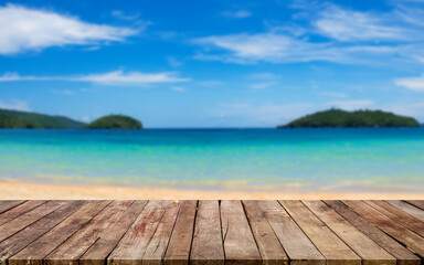 Wooden board empty table background beach sky