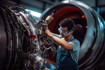 Aircraft mechanic inspecting jet engine in hangar at airport. Photo generative AI