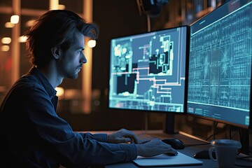 CAD solar panel array viewed by bearded man on computer screen. Photo generative AI