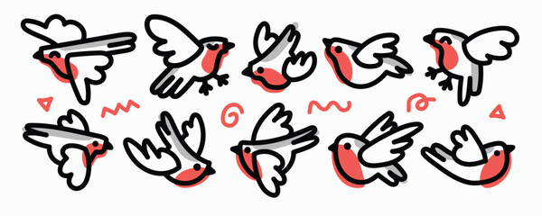 Wall Mural - cute robin bird outline quirky cartoon logo vector icon illustration bundle set