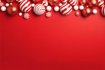 Christmas and New Year background, candies and lollipops, red background,copy space