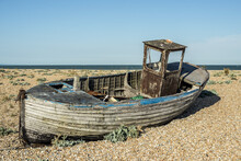 Old Boat On Dungeness Shingle Beach; Dungeness, Kent, England