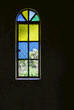 Blue, Yellow And Green Stained Glass Window; Gulu, Uganda
