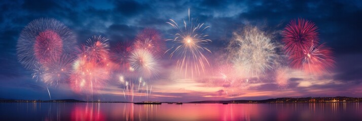 Spectacular Fireworks Display Lighting up the Night Sky over Water and City Skyline