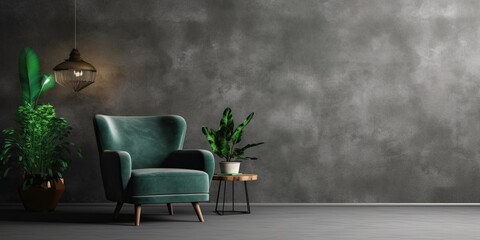 Wall Mural - Style loft interior with dark green armchair on dark cement wall, Generative AI 