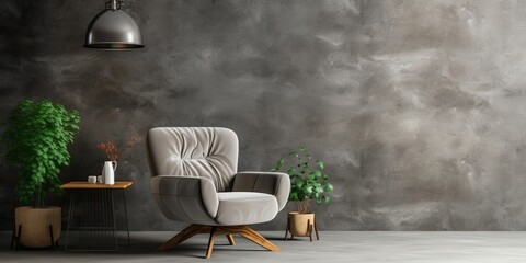 Wall Mural - Style loft interior with gray armchair on dark cement wall, Generative AI 