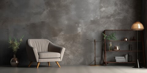 Wall Mural - Style loft interior with gray armchair on dark cement wall, Generative AI 