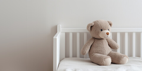 Modern minimalistic baby room, neutral colors, toy bear