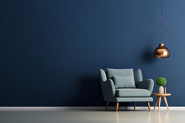 Wall Mural - The interior has a armchair on empty dark blue wall background, Generative AI 