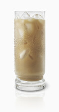 Glass Of A Light Brown Coloured Beverage With Ice Cubes On A White Background; Toronto, Ontario, Canada