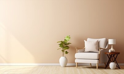 Wall Mural - Cream color wall mock up in warm tones with armchair and decoration minimal, Generative AI 